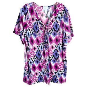 Liz and Me Catherines Plus Size 22W‎ 24W Top 2X Purple Pink Abstract Tie 163